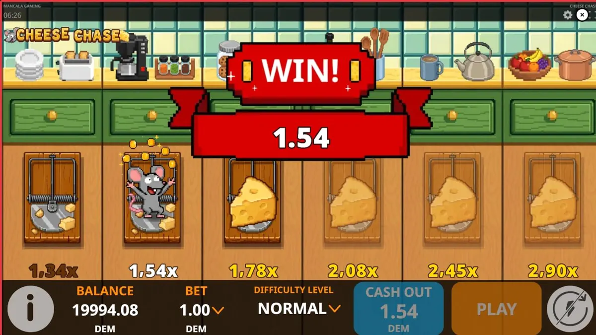 Interface do jogo Cheese Chase com tema de cozinha retrô
