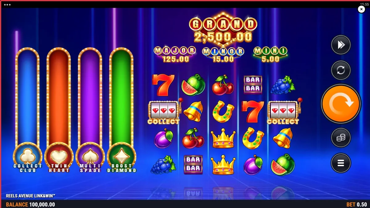 Visual futurista e minimalista do slot Reels Avenue Link&Win com grades duplas e portais neon.
